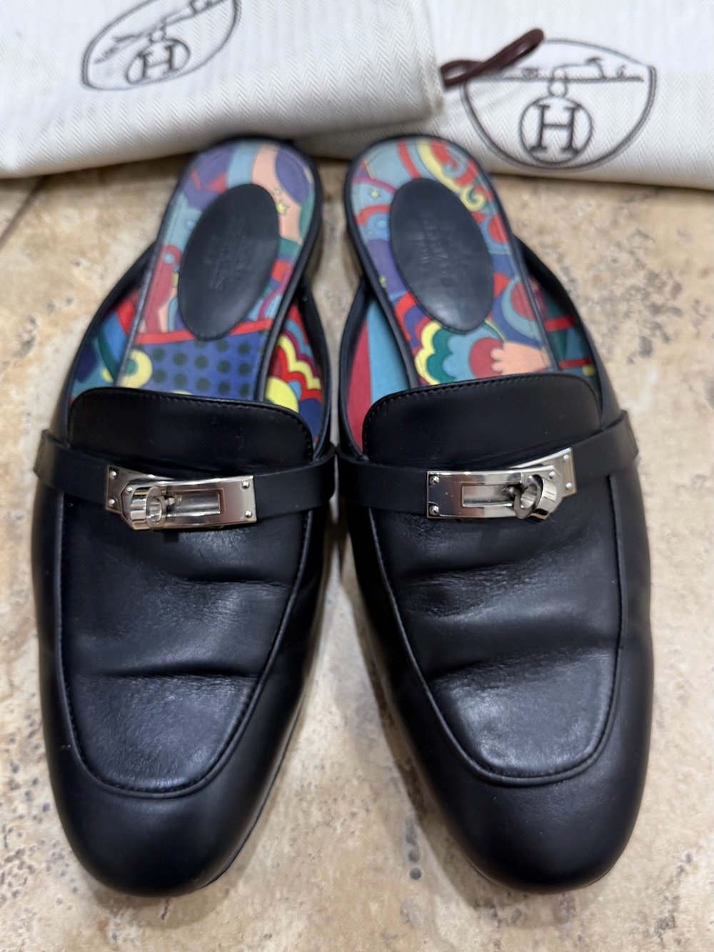Hermes Black Leather Bearn Mule with Silver Hardware and Multicolor Insole